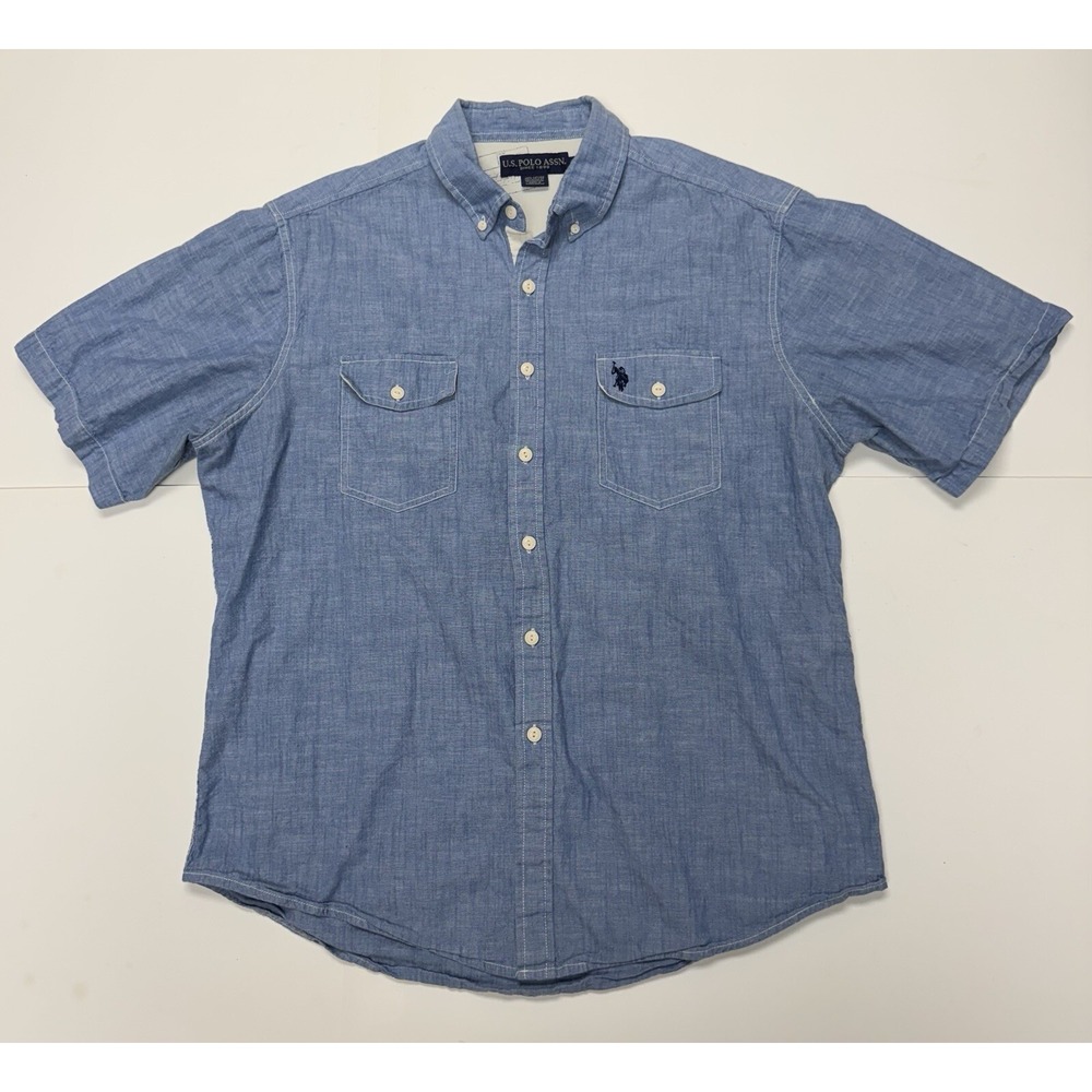 US Polo Assn Shirt Mens XL Blue Pocket Utility Short Sleeve‎ Button-Down Denim